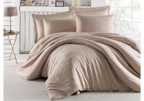 Постельное белье сатин страйп Charlotte - Cappuccino (Turkey) с простыней на резинке 180х200х3, евро